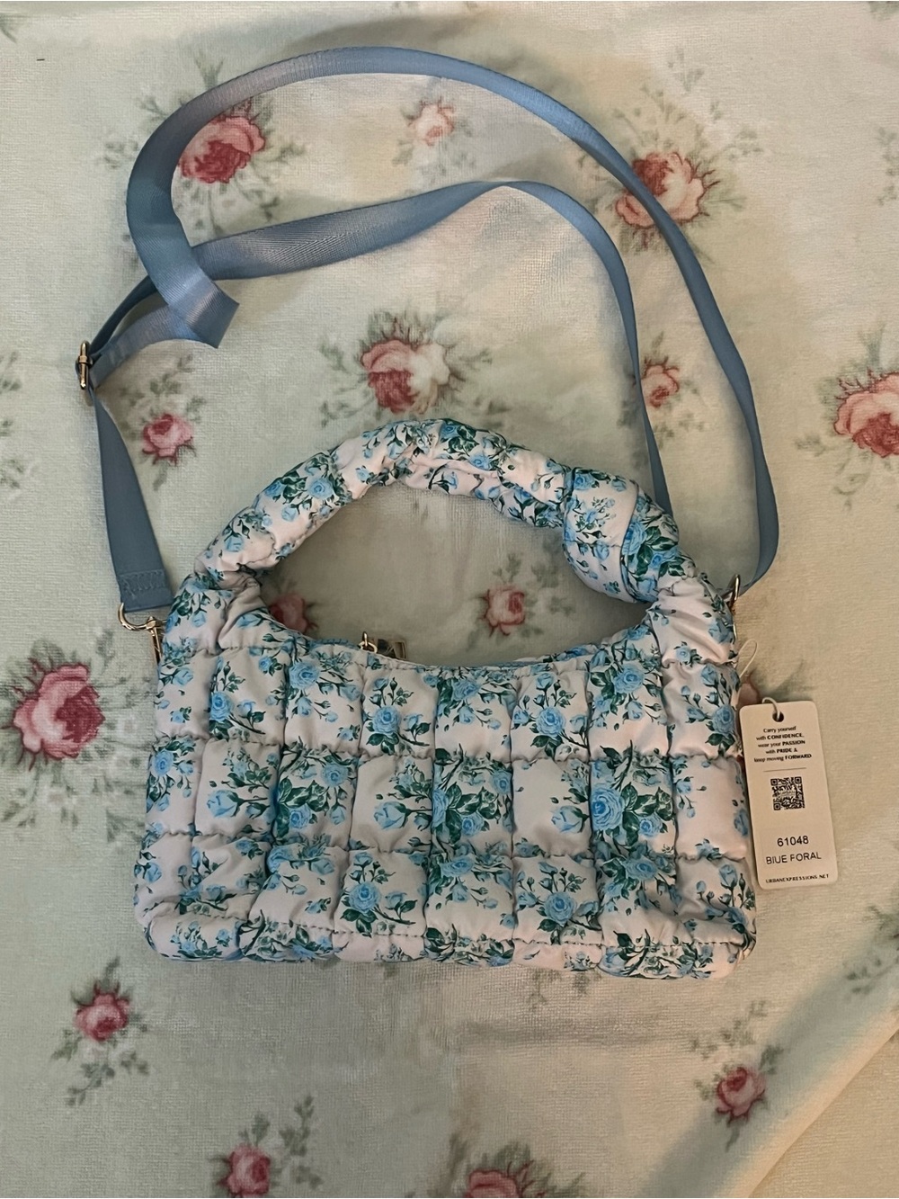 Urban Expressions Blue Floral Quilted Shoulder Bag with Padded Handle